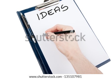Writing and ideas on an empty document in a clipboard isolated on white background