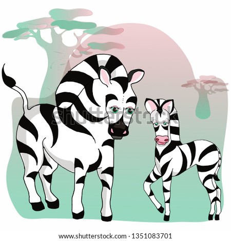 Two zebras in cartoon style, mom and baby, sunset and baobabs in the background.