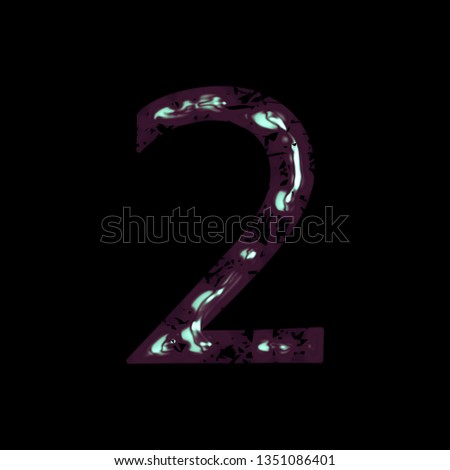 Shiny metallic cool blue purple tint number two 2 in a 3D illustration with a glossy metal surface and colorful cool tone in a damaged font on black with clipping path