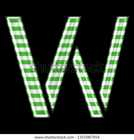 Green & white striped letter W in a 3D illustration with a shiny metallic glass surface and stencil type font style isolated on a black background