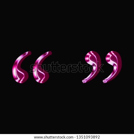 Shiny pink glass double quotes symbol in a 3D illustration with a smooth reflective metallic surface in a jagged edge font isolated on a black background with clipping path