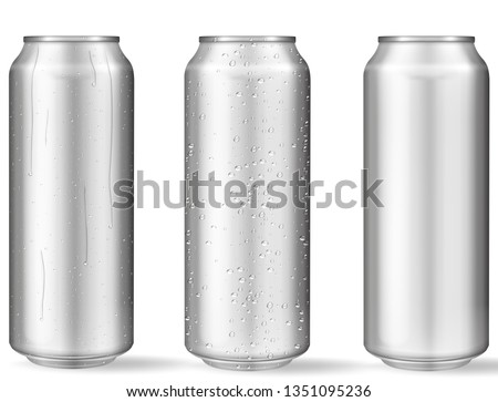 Realistic aluminum cans with water drops. Metallic cans for beer, soda, lemonade, juice, energy drink. Vector mockup, blank with copy space. Royalty-Free Stock Photo #1351095236
