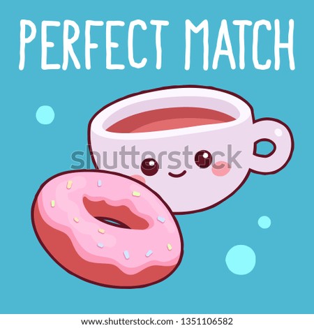 Coffee and donut on colorful background. Raster cartoon clip art illustration.