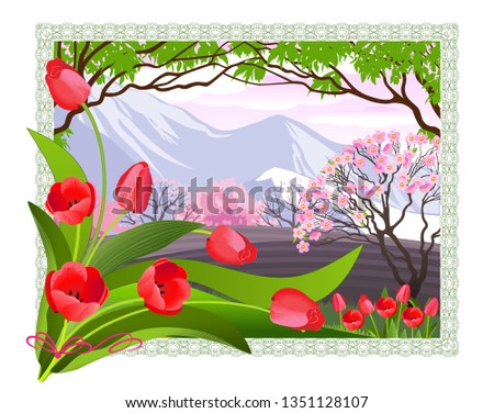 Vector Illustration. Bouquet of tulips on the background of the spring landscape.
