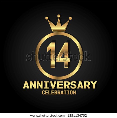 14 years Anniversary with golden font, circle and crown. Simple design with crown on top circle and number in center circle. Elegant, luxury, and simple design. My all design can see in my portofolio