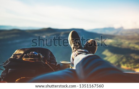 view trekking feet tourist backpack photo camera in auto on background panoramic landscape mountain, vacation concept, foot photograph hiking relax in auto, photographer enjoy trip holiday, mockup
