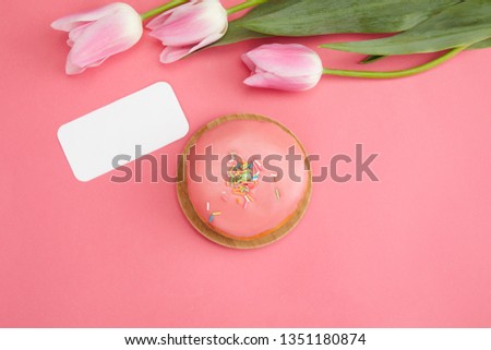 Flowers, Note Paper And Cake On Pink 