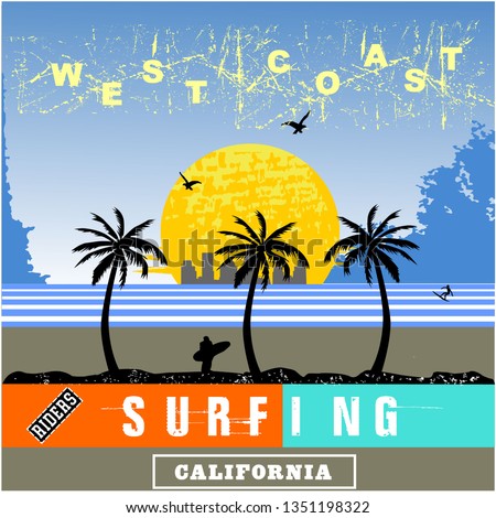 CALIFORNIA SURFING vector illustration/T-shirt design graphic hand drawn typography/shirt print