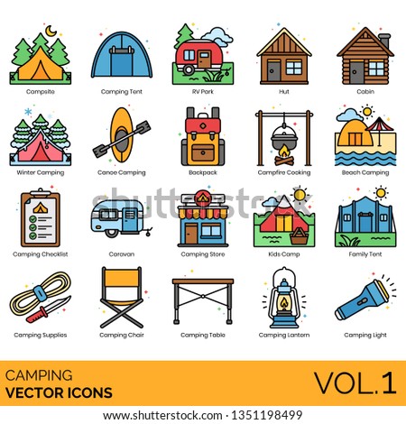 Camping icons including campsite, tent, RV park, hut, cabin, winter, canoe, backpack, campfire cooking, beach, checklist, caravan, store, kids camp, family, supplies, chair, table, lantern, light.