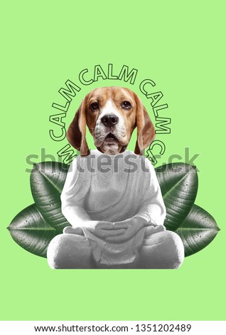 Keep calm and combine incompatible things. Feel appeasement and tranquility. Buddahs statue with dogs head and green leaves against light background. Modern design. Contemporary art collage.