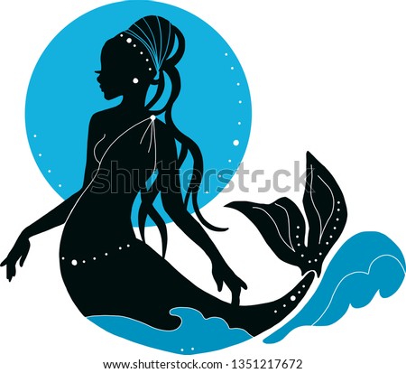Beautiful young mermaid woman with beads and moon fashion silhouette. Book magazine cartoon illustration, fashion artwork, t shirt print