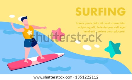 Extreme Water Sports Flat Vector Banner Template. Surfing Lettering, Typography with Text Space. Male Surfer Standing on Surfboard Cartoon Character. Summer Outdoor Activities. Beach Sports Club Promo