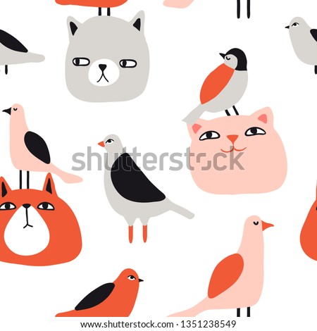 Funny cats and birds seamless pattern. Pet vector illustration. Cartoon doodle animals background. Cute kitten design for girls, kids. Hand drawn children's pattern for fashion clothes, shirt, fabric