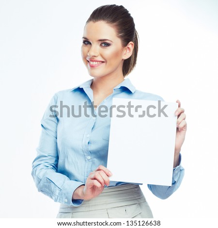 Portrait of smiling business woman hold blank board isolated on white background. Female model .