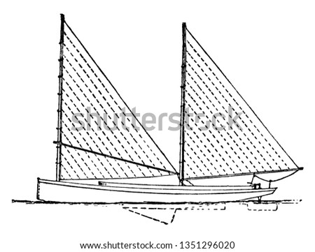 Sharpie is a long narrow sailboat with a flat bottom used for oystering, vintage line drawing or engraving illustration.