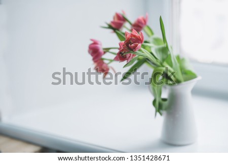 Pink peony tulips in a white jug stand on a window with a white window sill.