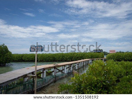 Kelapa Island, Indonesia - December 24, 2017 : Joka Landro, wooden bridge that leads to two floating cottage in the middle of mangrove forest