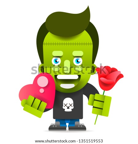 Funny Monster With Flowers And Heart Cartoon. Happy Funny Childish Little Monster Congratulates. Vector