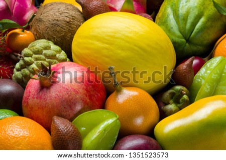 Exotic tropical fruits heap, healthy food, diet nutrition, selective focus