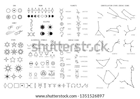 Zodiac sings constellation, alchemy astrology astronomy symbols, isolated icons. Planets, stars pictograms. Big esoteric set in line art black and white color  geometric  Royalty-Free Stock Photo #1351526897