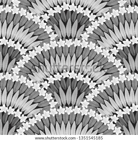 Vector Seamless pattern of hand drawn monochrome tropical  Plumeria white flowers and grey leaves on a dark black background. Wallpaper, Wrapping paper, Hawaii print