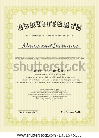 Yellow Sample certificate or diploma. Money style design. Vector illustration. With guilloche pattern and background. 