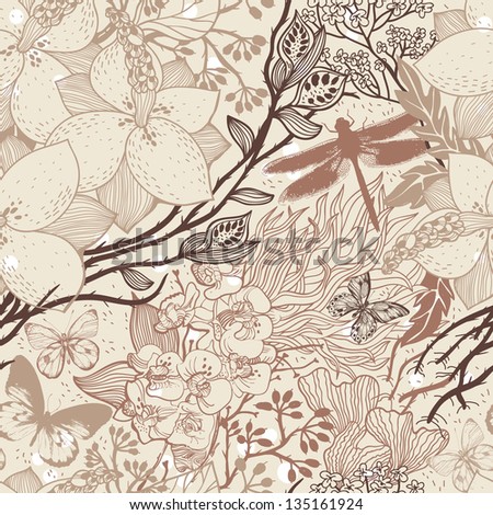 vector floral  seamless pattern with garden flowers and  butterflies on a beige background