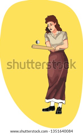 young woman in with 50s style hair, shirt and skirt playing baseball on yellow blob background