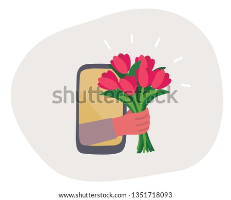 Online flower delivery. Tulips bouquet coming out of mobile screen. Sms with bouquet of flowers. Online dating concept. Flat design illustration. Royalty-Free Stock Photo #1351718093