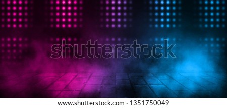 Background of empty dark scene, room with neon lights. Concrete floor, neon blue and pink light, smoke