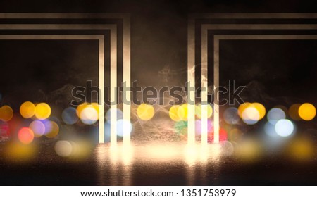 Dark background of an empty scene. Empty room with brick walls and neon light. Smoke, could
