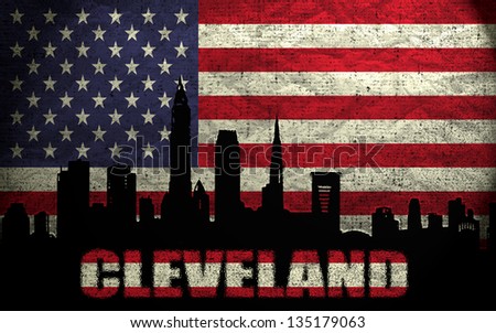 View of Cleveland City on the Grunge American Flag