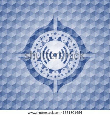 signal icon inside blue emblem or badge with abstract geometric pattern background.