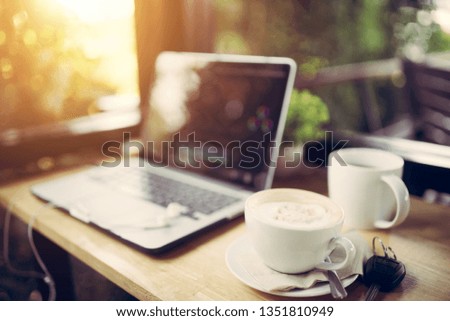 Laptop and cappuccino in the coffee shop                                