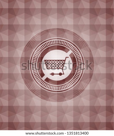 shopping cart icon inside red seamless emblem with geometric pattern background.