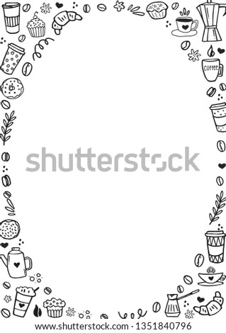 Decorative oval frame with coffee doodles, coffe cups, pastries, desserts, to go caps