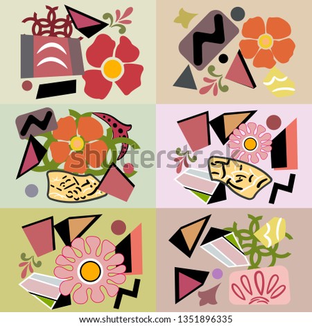 Seamless pattern of abstract creative geometric elements of different shapes for printing on fabric, wrapping paper, packaging, wallpaper, poster. Vector illustration on a gray background.
