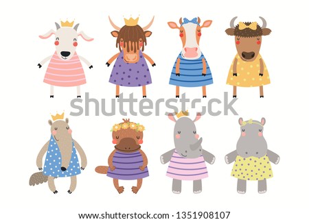 Big set of cute funny animal girls in dresses. Isolated objects on white background. Hand drawn vector illustration. Scandinavian style flat design. Concept for children print.