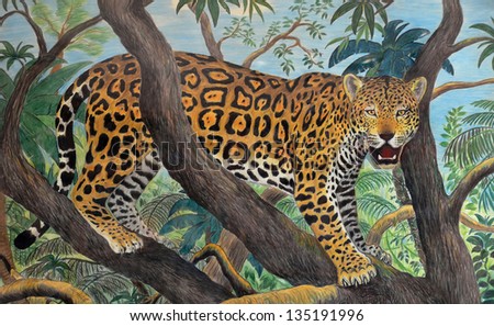 pastel drawing of jaguar in the jungle