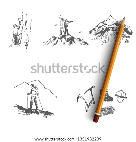 Mountaineering - sportsmen climbing mountains, camping and special equipment vector concept set. Hand drawn sketch isolated illustration