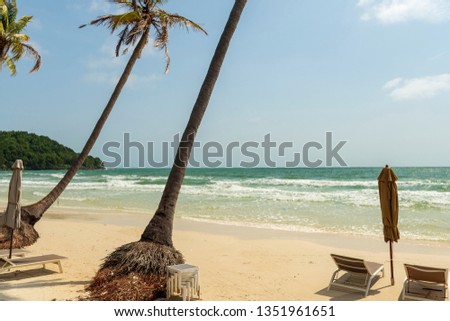 Palm trees and nice sandy beach in foreground and sea with waves and the horizon in background, picture from Sao Beach on Phu Quoc Island, Vietnam.