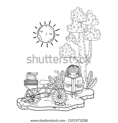 girl reading book with sun kawaii and bicycle in the camp