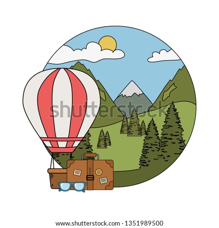 balloon air hot flying with pines and suitcase