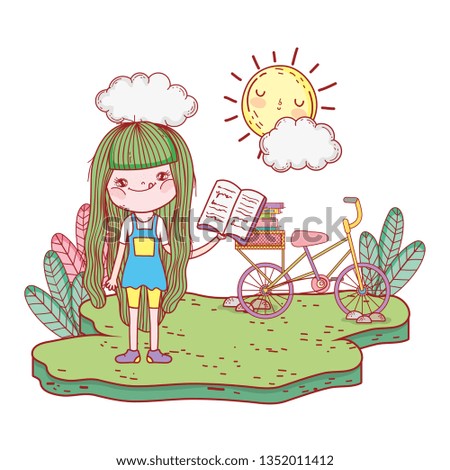 girl reading book with sun kawaii and bicycle in the camp