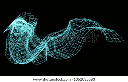 Vector illustration of a complex light grid structure formed by the interweaving of smoothly curved lines against black background. Creative futuristic backdrop.