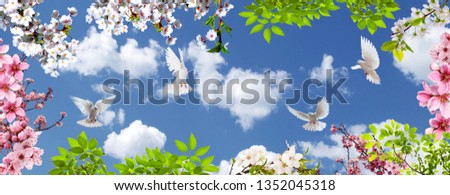 spring flowers and flying doves