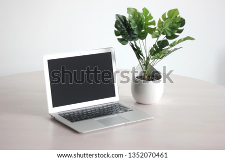 Template. Light Working Space. A laptop is standing on a wooden table. Side green vase.