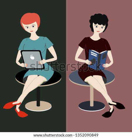 Two girls read. One woman with straight red hair reads from tablet, other girl with curly dark hair reads a book. Comparison of e-reader and paper book. Isolated characters and complementary colors