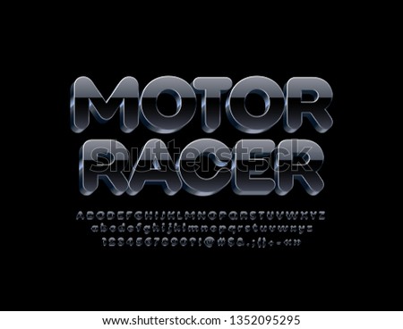 Vector label modern Motor Racer. 3D Black and Metallic Font. Glossy Alphabet Letters, Numbers and Symbols