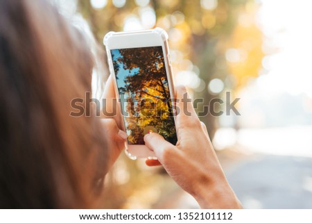 Woman takes a photo of an autumn tree on a street